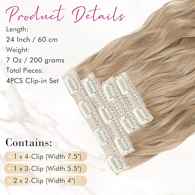 REECHO Clip in Hair Extensions 4PCS Blonde Hair Extensions 24 Thick Long Beach Waves hair extensions HE003 Invisible Lace Weft Natural Soft Hairpieces for Women ? Champagne Blonde