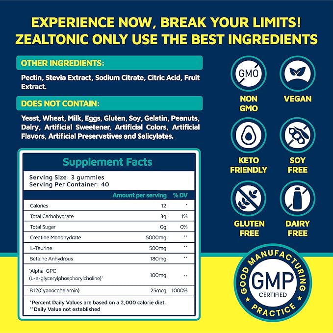 Creatine Monohydrate Gummies 5800mg with Betaine &amp Alpha GPC | 0 Sugar | Pre Workout Energy Booster for Men &amp Women | Muscle Growth &amp Boost Strength &amp Faster Recovery | (120 Blueberry