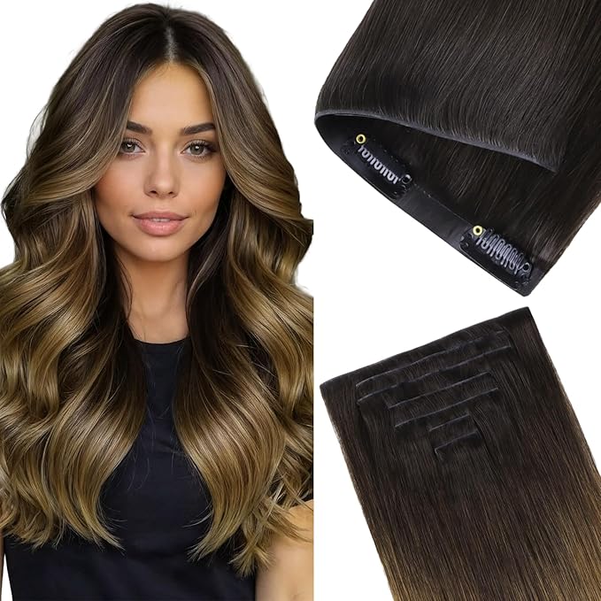 GOO GOO Invisi Edge Clip in Hair Extensions 18inch 110g 7Pcs Injected Seamless PU Clip in Hair Extensions Virgin Real Human Hair #1D/2C/4E Chocolate Dip Color Melt