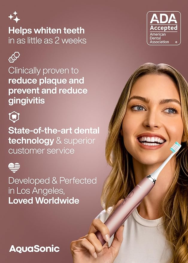 Aquasonic Vibe Series Ultra-Whitening Toothbrush ? ADA Accepted Electric Toothbrush - 8 Brush Heads &amp Travel Case ? 40000 VPM Motor &amp Wireless Charging - 4 Modes w Smart Timer ? Satin Rose Go