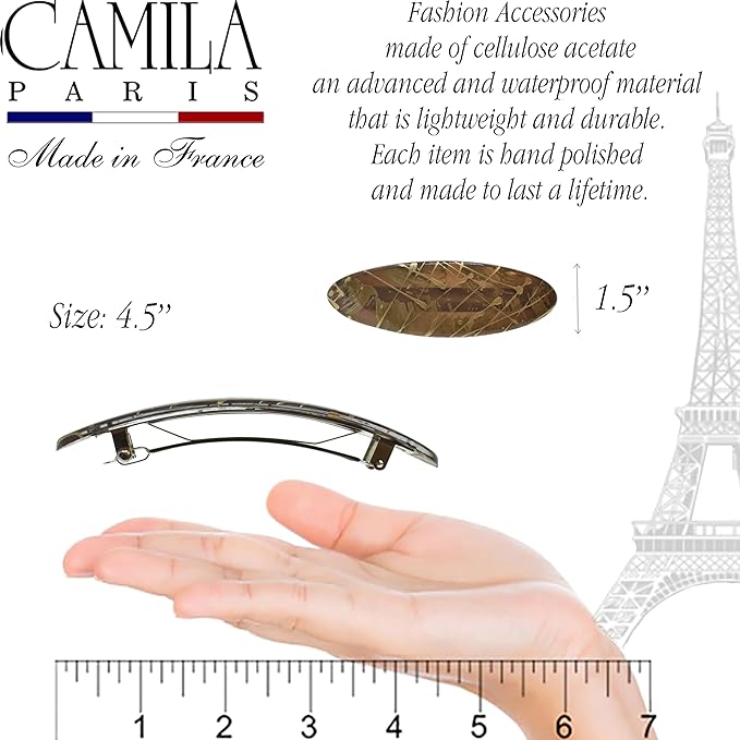 Camila Paris CP3872 French Hair Barrette Clip Oval Ligth Brown and Gold Strong Hold Grip Hair Clips for Women No Slip Rubberized Metal Closure Durable Styling Girls Hair Accessories Made in France