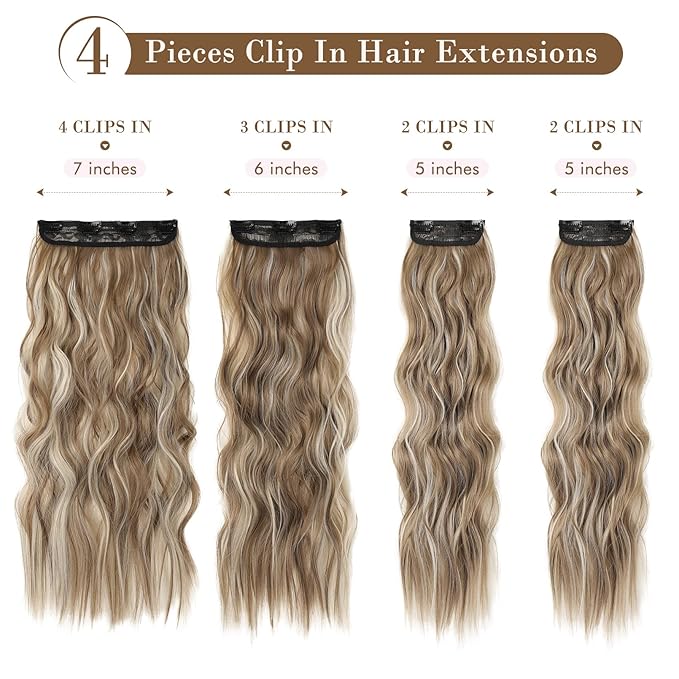 REECHO Hair Extensions 4PCS Clip in Hair Extensions HE001 Natural Soft Synthetic Hairpieces for Women (20 Inch-200 Gram (Pack of 4) Ash Brown with Platium Highlights)