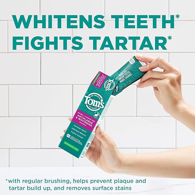 Tom's of Maine Antiplaque and Whitening Fluoride Free Natural Toothpaste Gel Vegan Spearmint 4 Ounces (3 Pack)