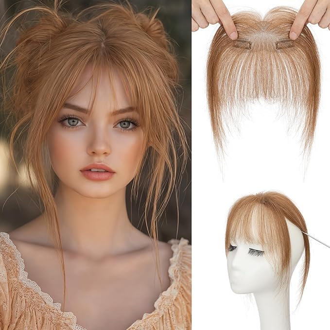 MY-LADY Clip In Bangs Human Hair Bangs 100% Real Human Hair Clip on Wispy Bangs Fringe with Temples Hairpieces for Women(light brown)