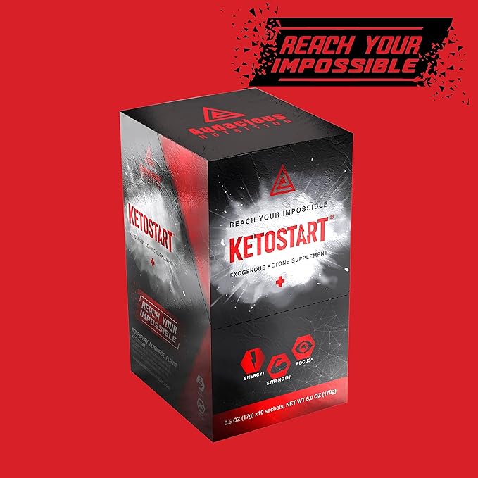 KetoStart+ | Exogenous Ketones Powder with Electrolytes for Energy Strength &amp Focus | with Caffeine | Raspberry Lemonade Flavor Electrolyte Powder (10x Ketones Drink Mix Packets)