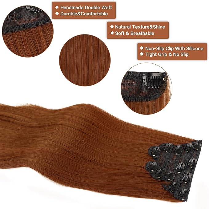WECAN Straight Clip in Hair Extension Auburn 22 Inch 6PCS Long Straight Hairpieces for Women Thick Synthetic Fiber Double Weft Hair Full Head