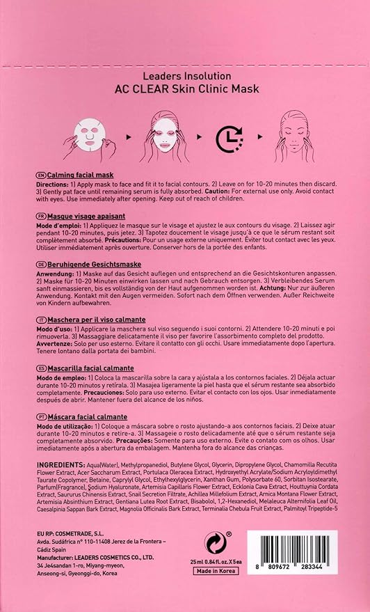 Leaders Insolution AC Clear Skin Clinic Mask | Snail Secretion &amp Tea Tree Oil for Acne Redness Oil Control | 100% Cotton Bemliese Sheet | Balances &amp Soothes Sensitive Skin (5 Sheets)