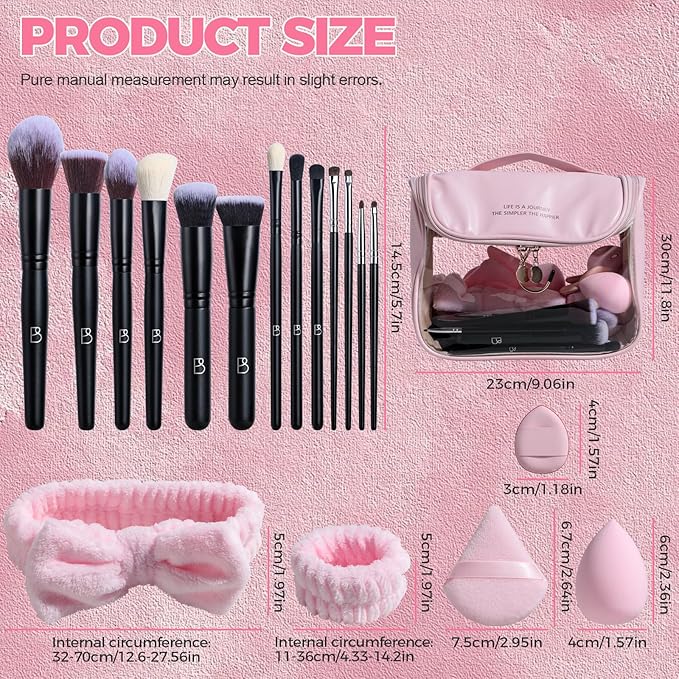 BS-MALL Makeup Brush Set with Waterproof Travel Bag &amp Makeup sponges -26 Pcs Set Triangle Puff &amp Face Washing PuffsFace Wash Headband Wristband for Travel Go Camping Gift &amp Makeup Beginne