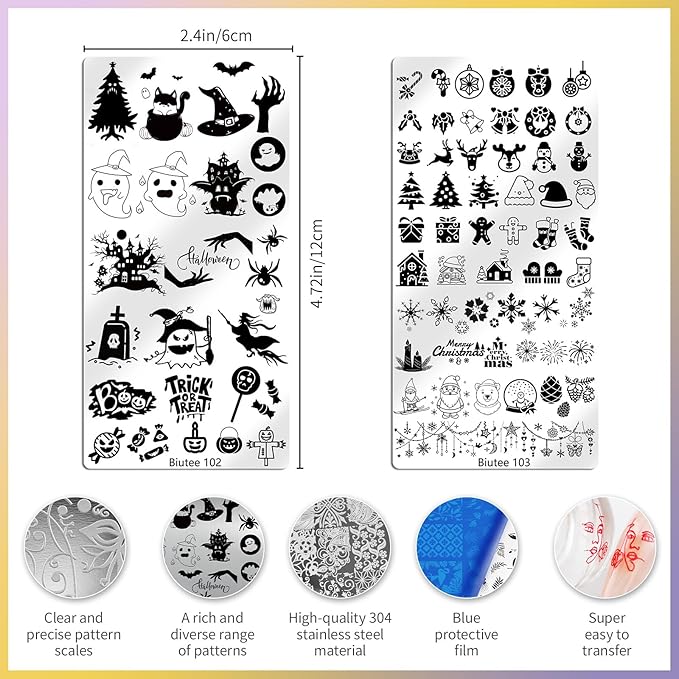 Biutee Nail Stamping Plate Set 12PCS Nail Art Stamp Plates 8PCS Stamping Nail Gel Polish Nail Stamper and Scraper Halloween Christmas Butterfly Leaves Bow Design Nail Stamping Kit with Storage Bag