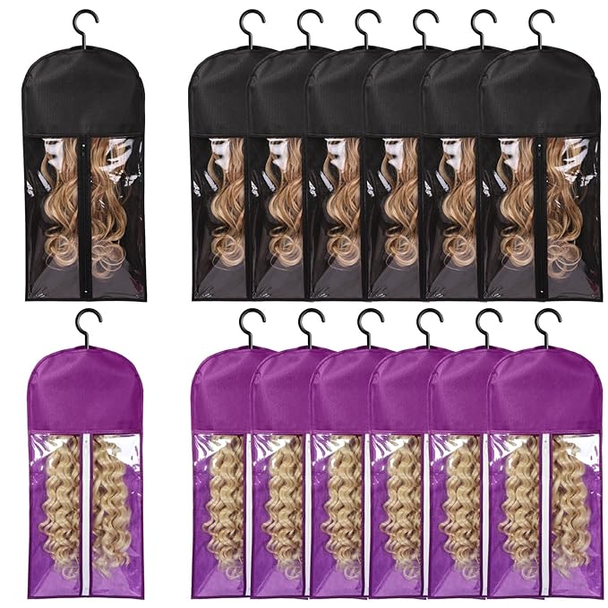 12PCS Wig Bags With Hanger - Hair Extension Holder for Multiple Wigs - Organizer (6PCS Black &amp 6PCS Purple)