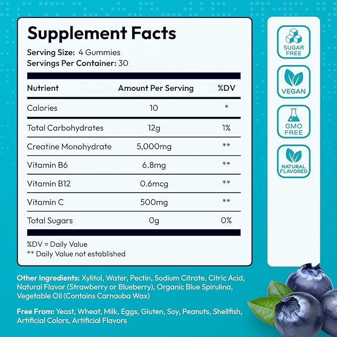 Sugar Free Creatine Monohydrate Gummies 5g Per Serving - 120 Monohydrate Creatine Gummies Advanced Complex with Vitamin C + Vitamin B12 for Muscle Strength Energy Boost Pre-Workout Gummy