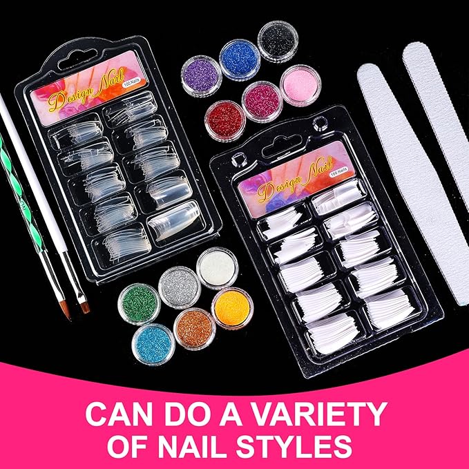 Nail Kit Set Professional Acrylic with Everything 12 Glitter Acrylic Powder Tips Decoration DIY Nail Art Tools &amp Supplies for Beginners