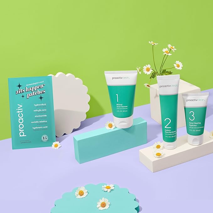 Proactiv Clean 3 Step Acne Routine w/ Pimple Patches- Sulfur Acne Treatment Cleanser Azelaic Acid Serum and Facial Moisturizer for Sensitive Acne-Prone Skin- 30 Day Acne Kit with Pimple Patches