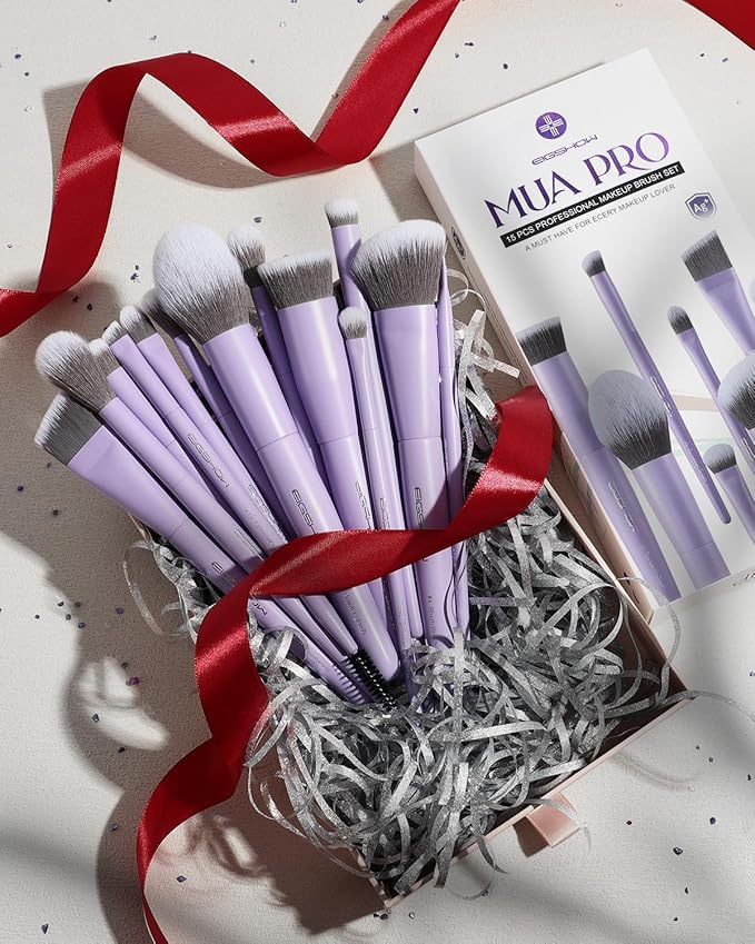 EIGSHOW Makeup Brushes Set 15Pcs Professional Make Up Brush with Silver Ion Bristles for Foundation Powder Blush Highlighter Concealer Eyeshadow Eyeliner Travel Gift Set (Matte Purple)