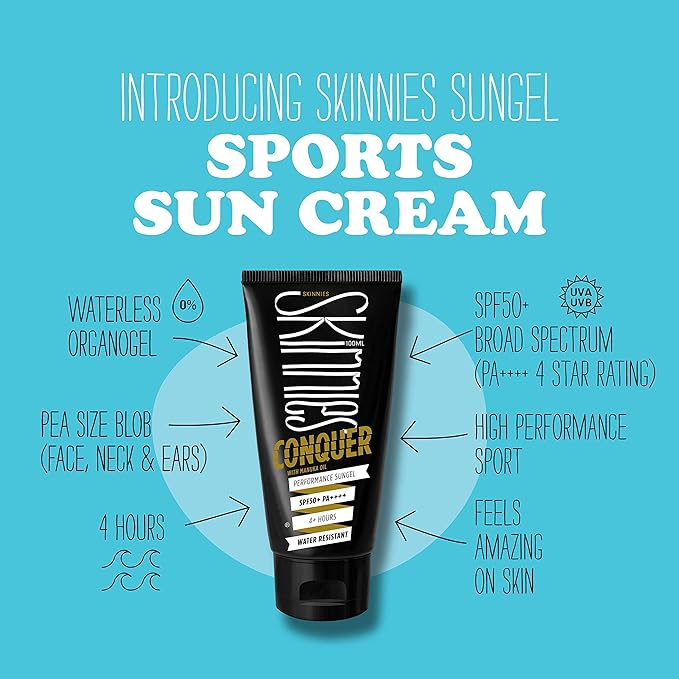 Skinnies 100ml SPF50+ CONQUER Sungel Sun Cream Broad Spectrum Reef Safe Water Resistant 4 hours