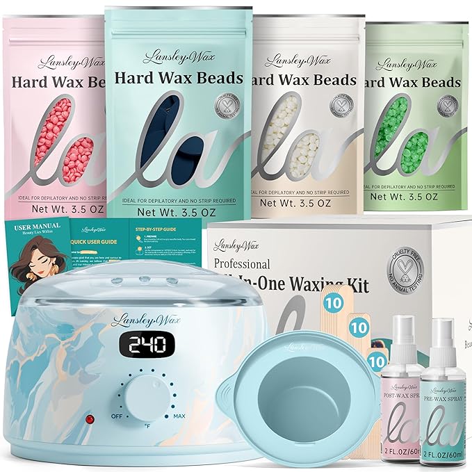 LANSLEYWAX Digital Waxing Kit for Women Men - Water Blue Waxing Machine with 39 Accessories - Hard Wax Kit for Arm Leg Brazilian Bikini Face Sensitive Skin Wax Warmer Hair Removal for Home/Salon Use