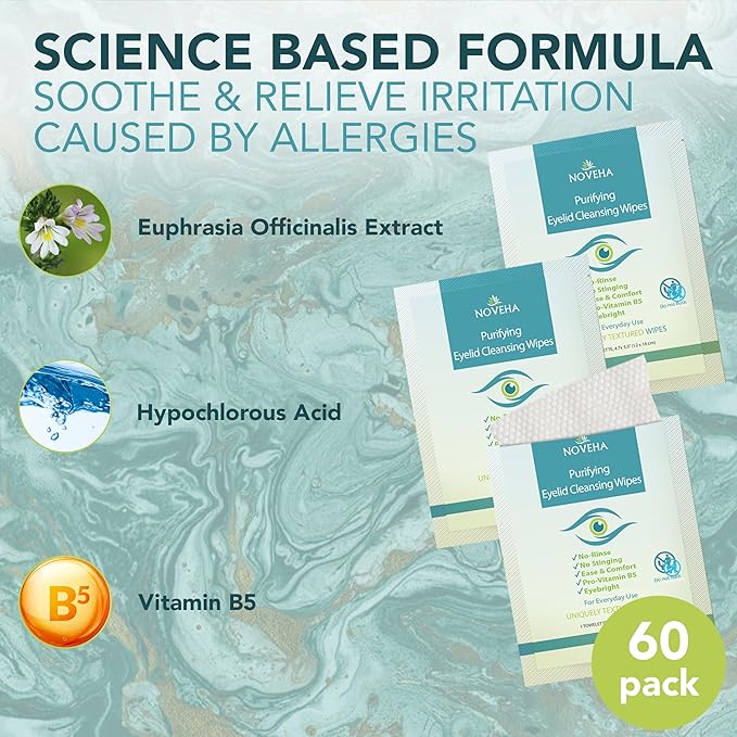 NOVEHA Eyelid &amp Lash Wipes | For Itchy Dry Eyes Styes &amp Blepharitis | lid and lash Cleansing Wipes Hypoallergenic &amp Soothing For Sensitive Eyes Pack of 60