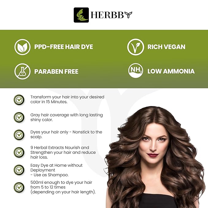 HERBBY Hair Color Shampoo for Gray Hair Coverage&ampColor Transform with 9 Herbal Extracts ?Long Lasting(6-8 Weeks)ShinyEvenly ColoredInstant Hair Dye Shampoo&ampConditioner 500 Ml (DARK BROWN C