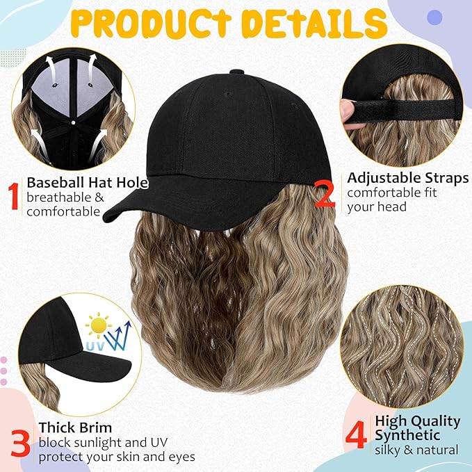 Baseball Hat WigHat with Hair attached 16'' Adjustable Black Cap with Wavy Curly Synthetic Bob Hair Extensions for Women Girls(Mid Brown Mix Blonde)