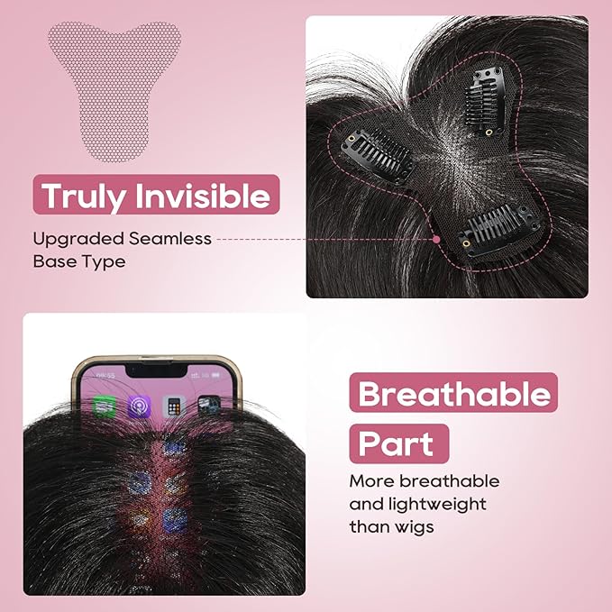 REECHO Hair Toppers for Women Real Human Hair Seamless Human Hair Toppers with Bangs 360° 3D Cover Clip in Bangs Hair Extensions for Daily Wear Natural Black