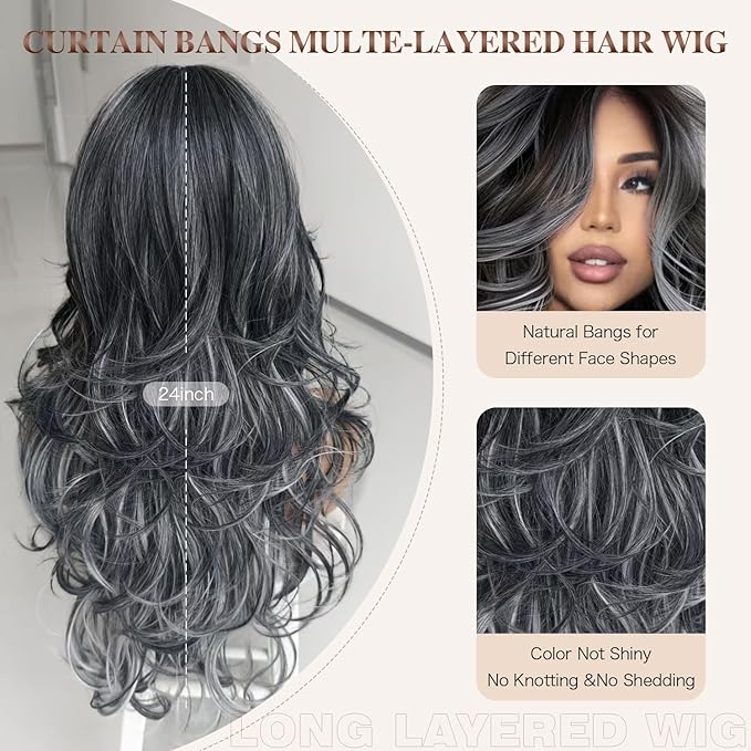 Dark Gray Highlight Wigs for Women Long Layered Wavy Wig with Curtain Bangs Synthetic Wig Black Mixd Dark Grey Highlight Curly Butterfly Shaggy Grey Layered Hair for Women Daily Party Use 24Inch