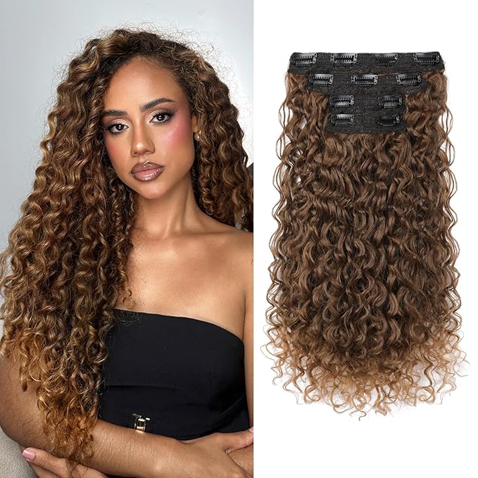 Clip in Hair Extensions FLUFYMOOZ 4PC 100ï¼?Pure Protein Silk Hair Extensions Long Soft Natural Hairpiece 20 Inch Curly Hair Extension for Women (Almond Brown with Cooper Red)