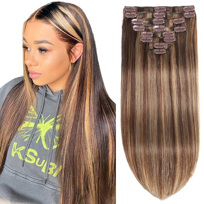 Human Hair Extensions for Women 24inch 125g Straight Clip in Hair Extensions Real Human Hair Soft &amp Natural Handmade Human Hair Clip in Extensions Black Women #P427