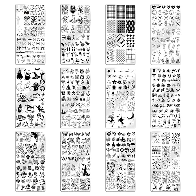 Biutee Nail Stamping Plate Set 12PCS Nail Art Stamp Plates 8PCS Stamping Nail Gel Polish Nail Stamper and Scraper Halloween Christmas Butterfly Leaves Bow Design Nail Stamping Kit with Storage Bag