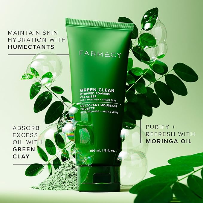 Farmacy Foaming Face Wash for Oily Skin - Whipped Greens Oil-Free Gentle Facial Cleanser + Exfoliator - Infused with Green Clay to Remove Impurities Control Oil + Maintain Skin Hydration (150ml)