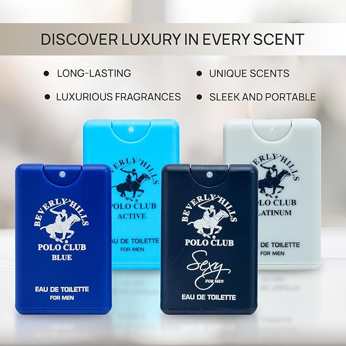 Beverly Hills Polo Club Men's 4-Piece Pocket Spray Set - active Sexy Platinum Blue EDT Collection