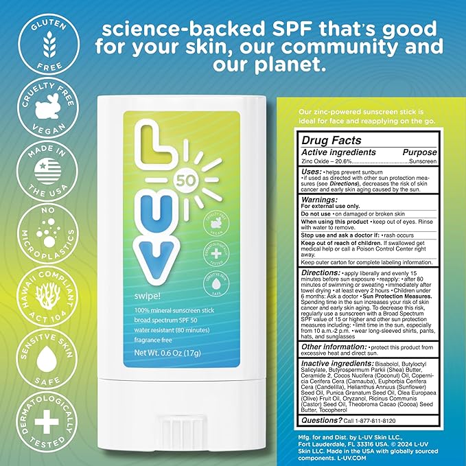 L-UV swipe! SPF 50 Mineral Sunscreen Stick Broad-Spectrum Protection Against UVA &amp UVB Rays Perfect For Everyday Activities &amp Outdoor Adventures Lightweight Sun Protection Sensitive Skin S
