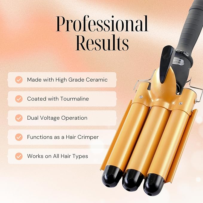 Alure Three Barrel Curling Iron Wand Hair Waver with LCD Temperature Display - 1 Inch Ceramic Tourmaline Triple Barrels Dual Voltage Crimp (zGold)