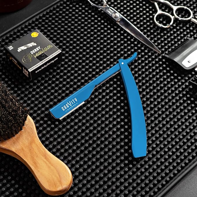 GRAVITY RAZORS Professional Straight Razor Kit ? Minimal Exposure Includes 10 Premium Blades 2mm Exposed Blue