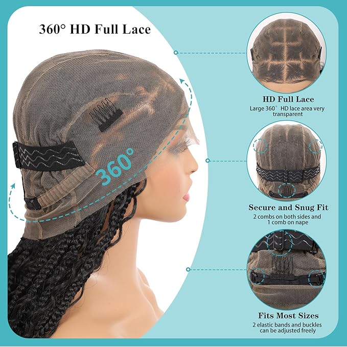 Kalyss HD Full Lace Boho Braided Wigs for Women 360 Lace Front Box Braided Wigs with Baby Hair Black Premium Synthetic Knotless Braid Wig 36