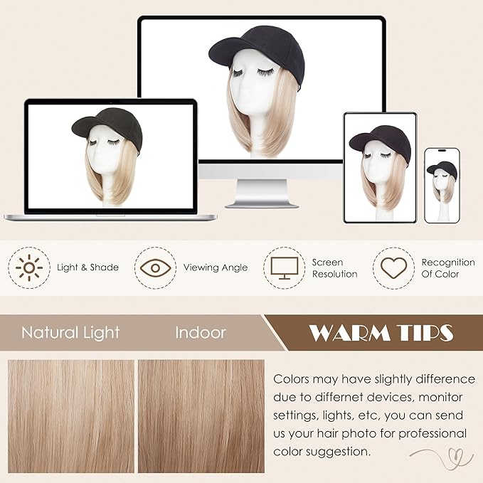 S-noilite Hat Wig for Women Black Baseball Cap Wig with Short BOB Hair Attached Adjustable Hat Wigs Synthetic Hair Extensions Ash Brown Highlighted Blonde
