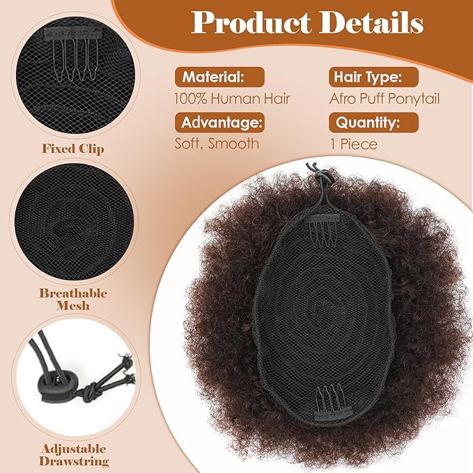 Fullart Afro Puff Drawstring Ponytail Extension #2 Darkest Brown 100% Human Hair Naturally Styled Hairpiece Human Hair Clip in Hair Extensions for Black Women