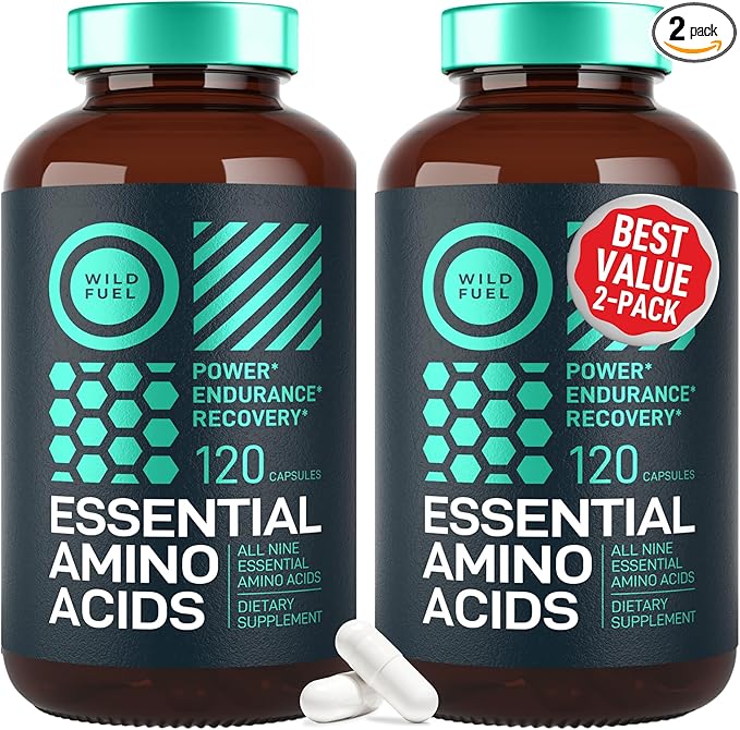WILD FUEL Essential Amino Acids Supplement for Women and Men - All 9 BCAAs Amino Acid Complex for Power and Recovery - EAA Lysine Tryptophan Isoleucine - 2 Pack 240 Vegan BCAA Capsules