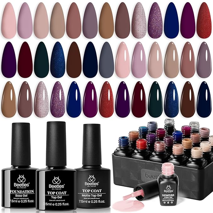 Beetles Gel Nail Polish Set Manhattan Collection 20 Colors Burgundy Red Brown Gold Champagne Glitter Winter Gel Polish Soak Off UV Glossy &amp Matte Top Base Coat Home Salon Diy Christmas Gifts for W