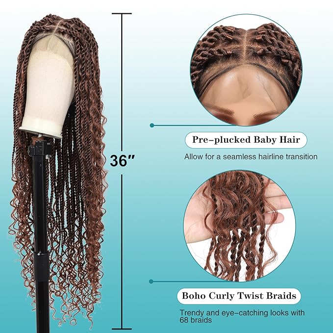 Kalyss HD Full Lace Boho Braided Wigs for Women 360 Lace Front Twist Braided Wigs with Baby Hair Brown Premium Synthetic Knotless Braid Wig 36