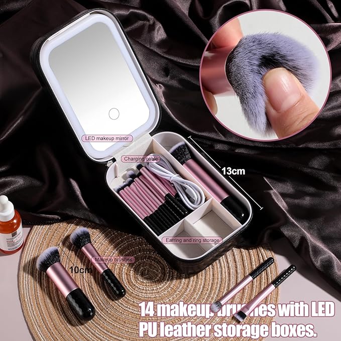BS-MALL Makeup Brushes Set 14 Pcs with LED Light Mirror ? Premium Cosmetic Tools for Flawless Beauty Routines (Black)