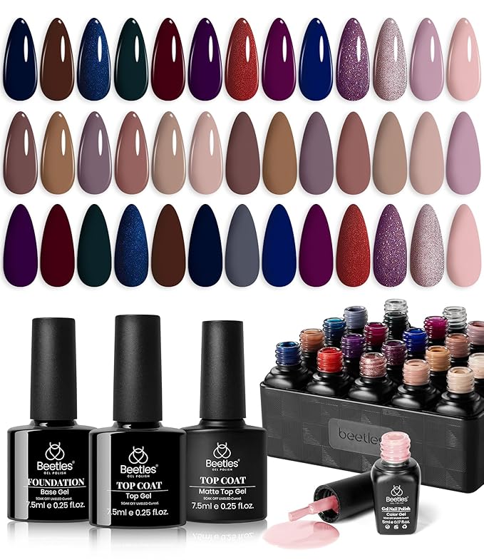 Beetles Gel Nail Polish Set Manhattan Collection 20 Colors Burgundy Red Brown Gold Champagne Glitter Winter Gel Polish Soak Off UV Glossy &amp Matte Top Base Coat Home Salon Diy Christmas Gifts for W