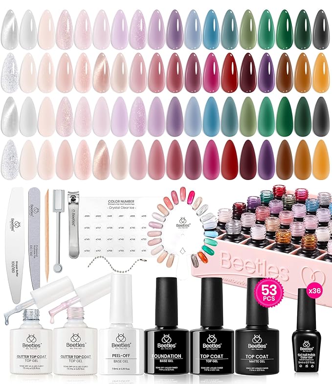 Beetles Jelly Gel Nail Polish Set 53PCS 36 Colors Jelly Pink Milky White Red Black Blue Green Silver Cat Eye Base Glitter Glossy Matte Top Coat Crystal Ice Collection French Nails Gift for Women