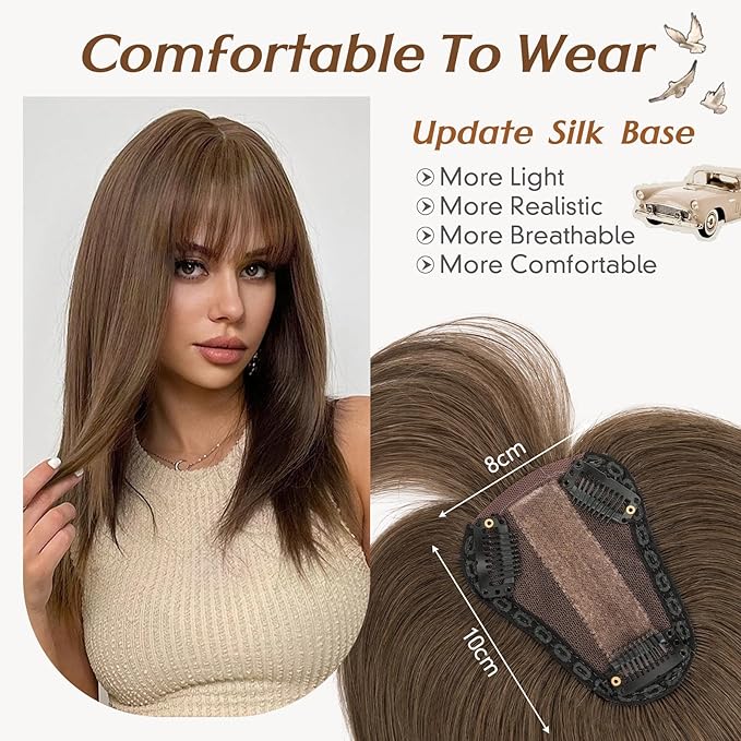 Rich Choices Real Human Hair Toppers for Women 3D Cover Clip in Bangs 100% Remy Human Clip in Silk Base Hair Topper with Bang for Thinning 150% Density 8 Inch #2 Dark Brown