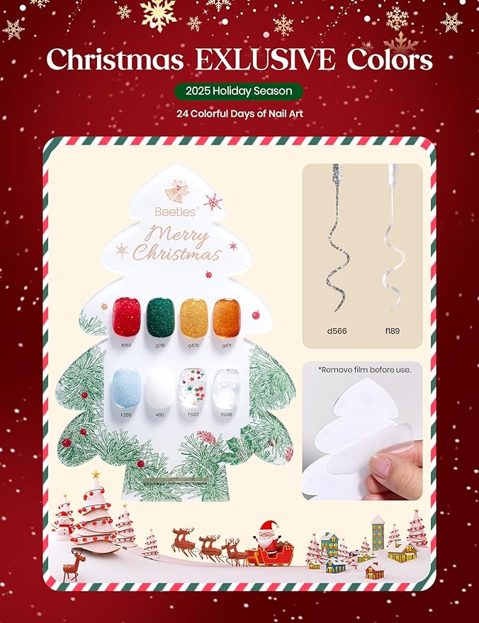 beetles Gel Polish Merry Glitzmas 2025 Christmas Advent Calendar ? 24 Days Christmas Countdown Nail Art Set with Mini LED Nail Lamp Base Top Coat and Festive Holiday Surprises Gifts for Women Girls