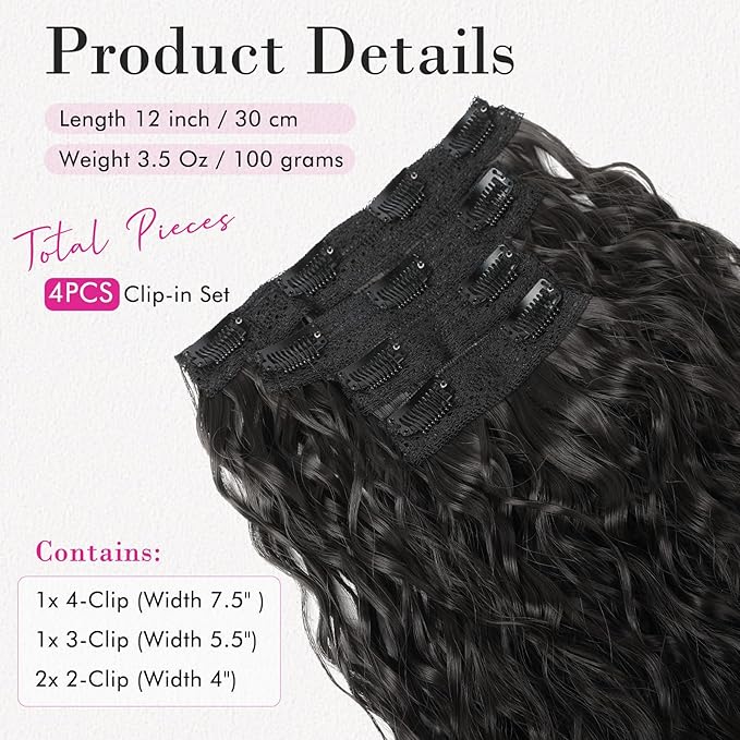 REECHO Clip in Hair Extensions - 12 Short Curly Wavy Hairpieces Invisible Lace Weft Natural Soft Black Brown