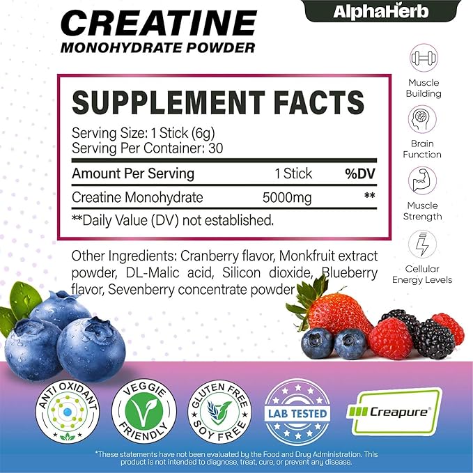 Creatine Monohydrate Powder ? Creapure® German-Sourced Mixed Berry Flavour 30 Stick Creatine Packs 5000mg Each | No Sugar No Fillers Gluten-Free