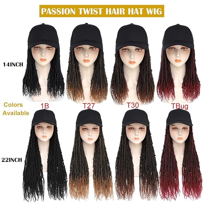 Hat Wig Baseball Cap with Short Pre-Twisted Passion Twist Hair Extensions Synthetic ombre Black Burgundy Small Curly Ends Bomb Twists Adjustable Black Hat Wig for Black Women (12inch TBUG)
