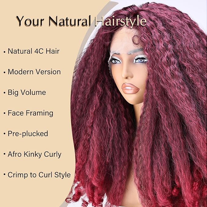 SOKU Crimp to Curl T Part Lace Front Wig Synthetic 20 Inch Red Burgundy Afro Kinky Straight with Curly End Wigs Pre-plucked Transparent Lace with Baby Hair Yaki Straight Wigs for Women