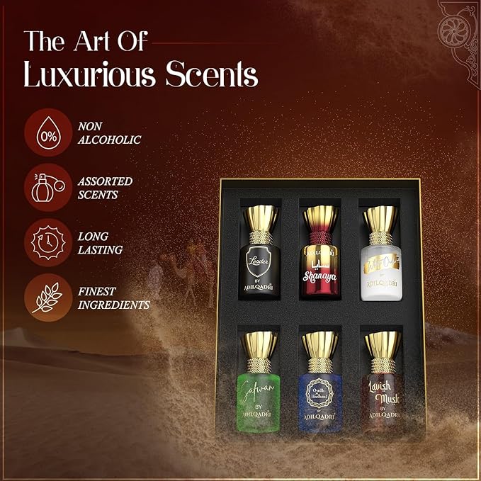 Adil_qadri Assorted Luxury Non Alcoholic Roll-On Attar Collection for Men &amp Women Long-Lasting Fragrance Set Gift Hamper for Him &amp Her Ideal for Special Occasions 6 Bottles of 5.5ml Each
