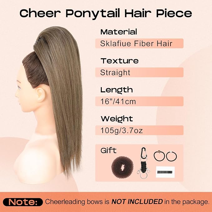 SEIKEA Cheer Ponytail Hair Piece 16 Ash Blonde Straight Cheerleader Hairpiece Ponytail Extension for Cheerleader Competition Dance